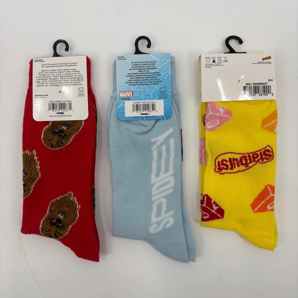Mens Novelty Crew Socks Bundle 3pk Star Wars‎ Spider-Man Starburst Size 6-12 NEW